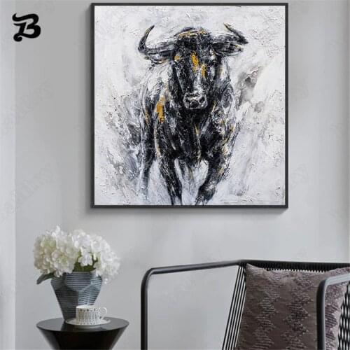 Canvas Painting Hand Painted Oil Painting Black Strong Cattle Deer Tiger Animals Wall Art Posters Prints for Room Wall Decor