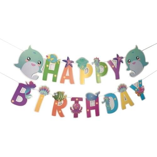 Cartoon Animals Sea Underwater Shark Dolphin Theme HAPPY BIRTHDAY Wall Hanging Banners Baby Shower Party Decorations
