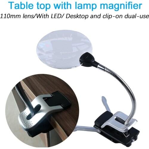 110TClip On Desktop Illuminated Magnifier Glass With Metal Hose LED Lighted Lamp Top Desk Reading Magnifier