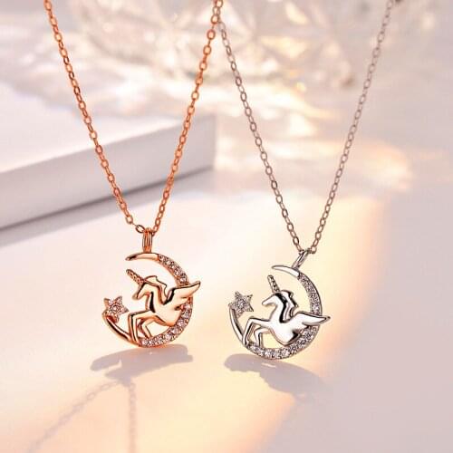Cute Female Star Moon Pendant Necklace Charm Sterling Silver Chain Necklaces For Women Vintage Crystal Unicorn Wedding Necklace