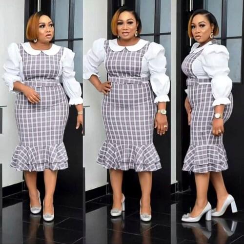 HGTE 2021 African Dashiki Print Plaid Dresses Women Mermaid Robe Elegant Ladies Office Dress Ankara Boubou Dubai Kaftan Outfit