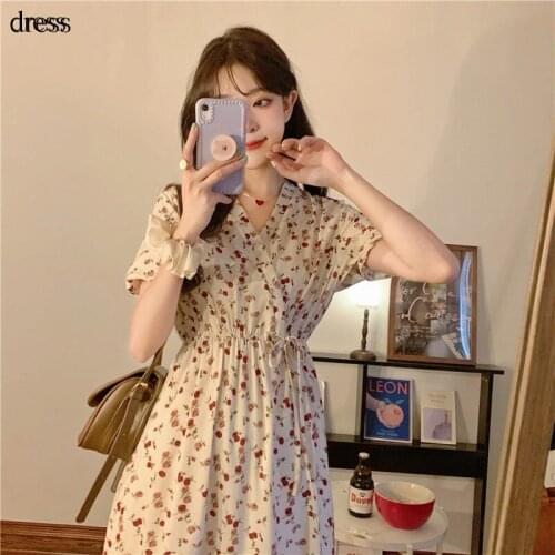 2021 plus size fat tea break French chiffon floral short-sleeved dress 2021 new summer super fairy student skirt