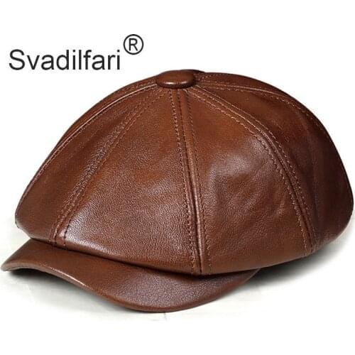 Retro Octagonal Genuine Leather Hat Autumn Mens Cowhide Leather Beret Elegant Fashion Student Tongue Cap Snapback Caps For Men