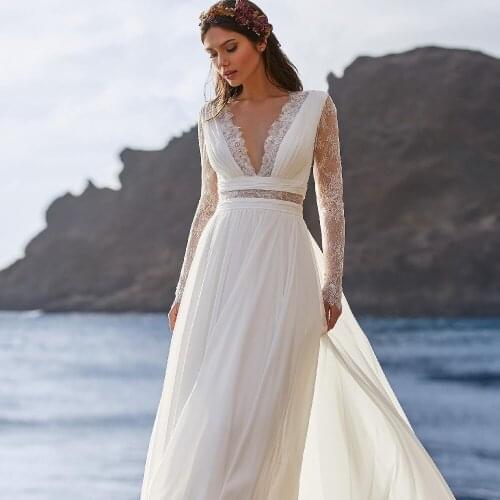Boho Wedding Dresses Chiffon Lace Long Sleeves V-Neck Floor Length Elegant Bohemian A-Line Bridal Gowns Bride Dress Vintage 2021