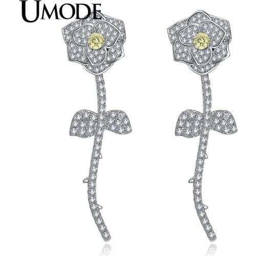 UMODE Cute Flower Crystal Yellow CZ Stones Long Drop Earrings White Gold Color Fashion Jewerly Brincos Para As Mulheres AUE0305