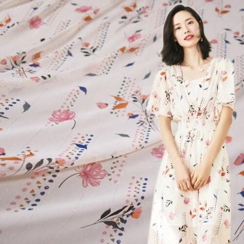Fresh Beige Floral High-end Silver Silk Chiffon Crepe Fabric Dress Shirt Ladies Childrens Clothing Handmade DIY Fabric