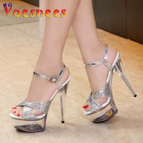 Steel Pipe Dance Shoes Sandals Women 2019 Summer 15cm High-Heels Waterproof Thick Bottom Sequins Model Car Show Nightclub Shoes