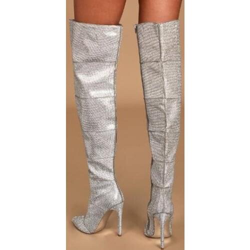 Linamong Woman Bling Bling Pointed Toe Rhinestone Over The Knee Boots Luxurious Crystal Pointed Toe Stiletto Heels Long Boots