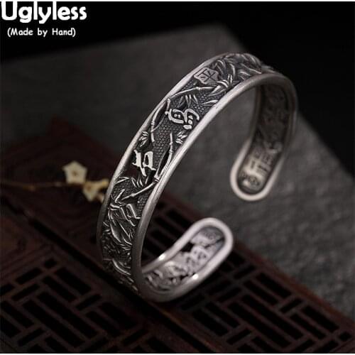 Uglyless Solid 99.9% Full Silver Bamboo Bangles for Women Thai Silver Vintage Hollow Bangles Adjustable Leaves Wide Bracelets
