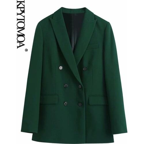 KPYTOMOA Women 2021 Fashion Double Breasted Office Wear Blazer Coat Vintage Long Sleeve Welt Pockets Female Outerwear Chic Veste