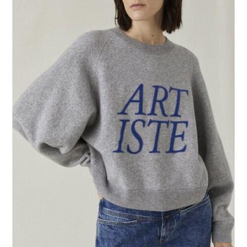 2020 Casual Vintage Embroidered Letter Solid Sweater Women Autumn Winter Long Batwing Sleeve O Neck Gray Pullover Thick Sweaters