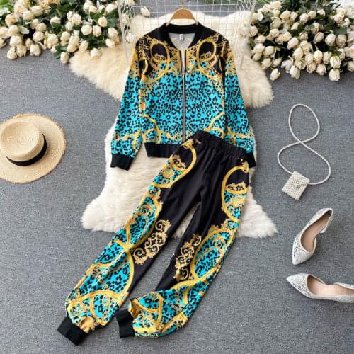 Womens 2021 New Retro Leopard Print Cardigan Jacket All-match Trousers Two-piece Suit