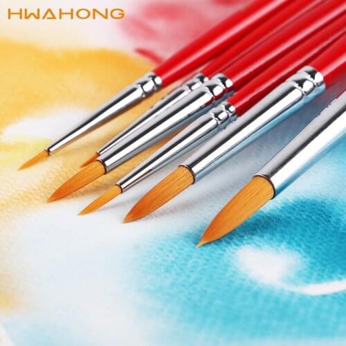 5pcs Korea Hwahong Watercolor Pen Gouache Brush Red Rod Different Shape Round Nylon Hair Painting Brush Round Head Art Supplies