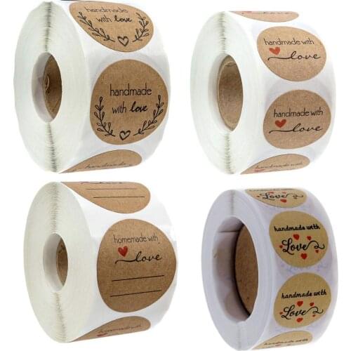 500PCS/roll Natural Kraft Handmade with Love Stickers Quality Kraft Label stock Craft baked goods stickers