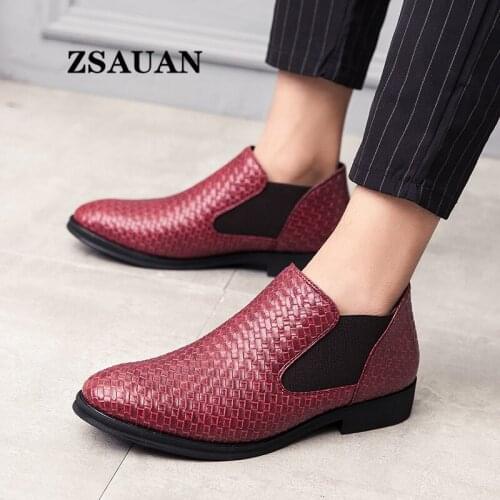 Oversize 39-48 Men Short Boots PU ZSAUAN Autumn Spring Casual Chelsea Men Boots Weave Pattern Blue Red
