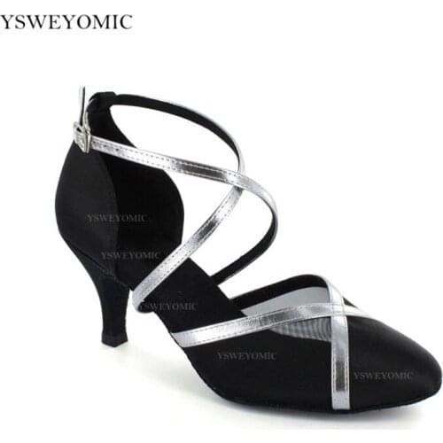 Black Latin Ballroom Dance Shoes Women Medium Low Heel 6cm 7cm Practice Ballroom Dance Shoes Closed Toe in Suede Outsole