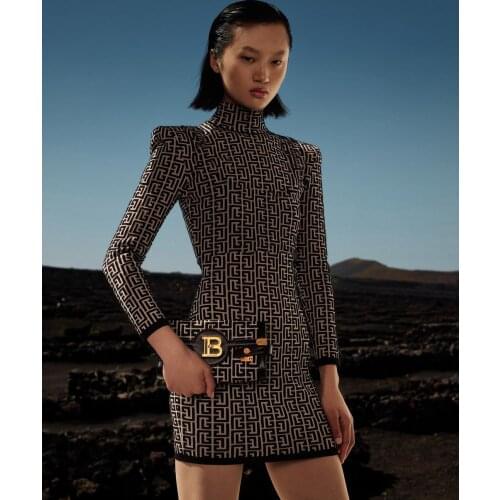 High Quality Black Full Sleeve Jacquard Mini Bandage Dress 2021 Celebrity Designer Fashion Evening Party Dress