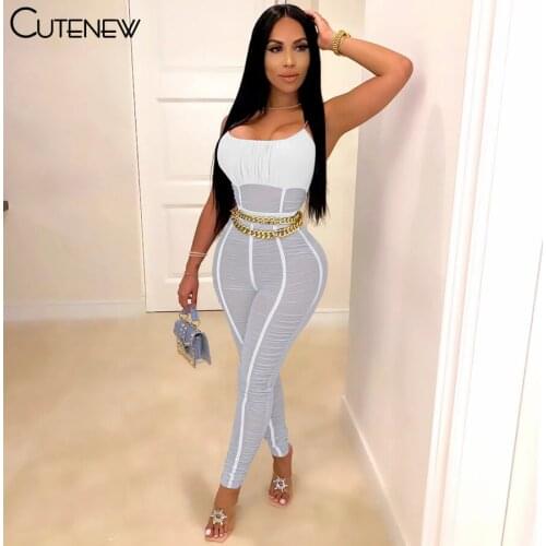Cutenew Mesh See Through Solid Color Slim Sling Jumpsuit Women 2021 Summer Casual Stacked Streetwear Sexy Club Party Lady Romper