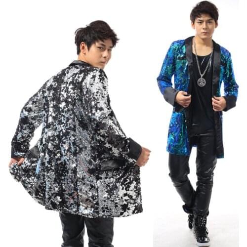 Blue silver grey Sequins long blazer men latest coat designs men suit personalized stage singer punk fashion mens jackets dance