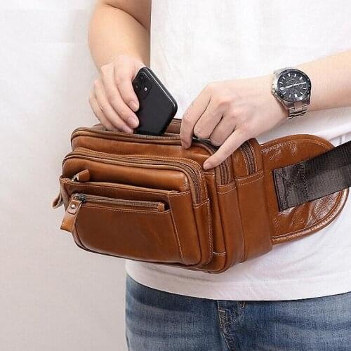 New Men Oil Wax Genuine Leather Cowhide Vintage Casual Belt Travel Cell/Mobile Phone Sling Chest Belt Pouch Fanny Pack Waist Bag