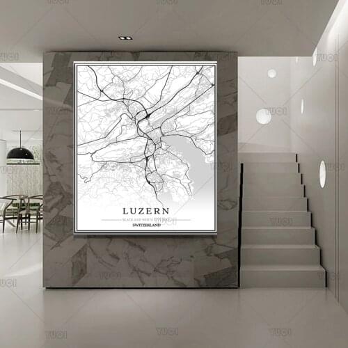 Map print poster canvas poster canvasWorld Map luzern Black White MapPoster Picture Home Decor Large Wall Pictures For Living Ro
