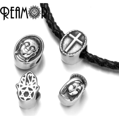 REAMOR 316L Stainless Steel Religious Cross Yoga Buddha Hand Head Spacer Charm European Beads For DIY Bracelet Jewelry Findings