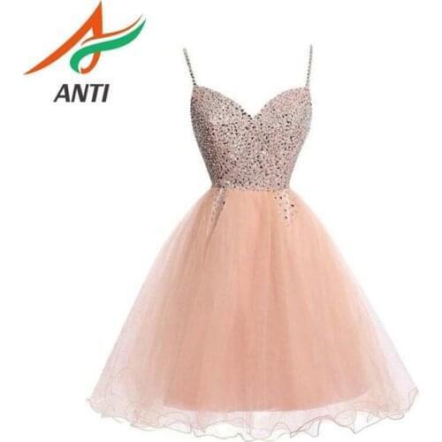 ANTI Cheap 2019 Sexy V Neck Backless Tulle Short Prom Dress Beadings Spaghetti Strap Sleeveless Evening Dress vestidos de gala