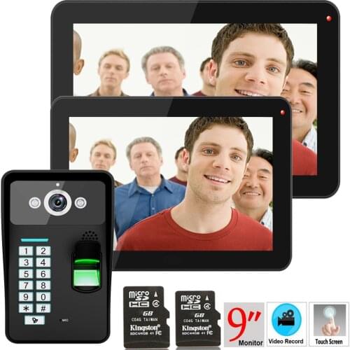 9" 2 Monitors Recording RFID Password Fingerprint Recognition 900TVL Video Door Phone Intercom Rainproof Night Vision 8G TF Card