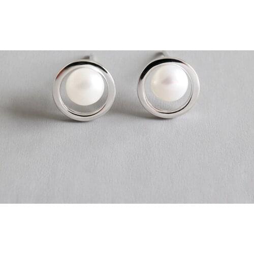 YPAY Pure 100% 925 Sterling Silver Natural Freshwater Pearl Stud Earrings For Women Korea Hollow Circle Fine Jewelry YME268