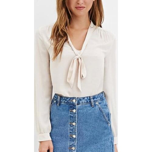 Singwing Women Solid Color Shirts Chest with bandage Bow Blouses Long Sleeve Womens Office Business Shirts Tops