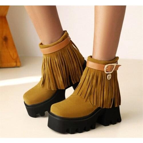 PXELENA Winter Shoes Women Fringe Ankle Boots Chunky Block High Heels Platform Tassel Booties Punk Rock Gothic Plus Size 35-43