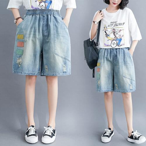 Women Summer Folk Style Elastic Waist Jeans Shorts Female Office Lady Casual Loose Hole Straight Denim Short Pants aq818