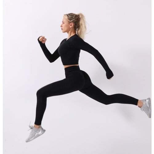 Women 2pcs Seamless Yoga Set Sport Suit Gymwear Workout Clothes Long Sleeve Gym Crop Top High Waist Leggings Fitness Sports Wear