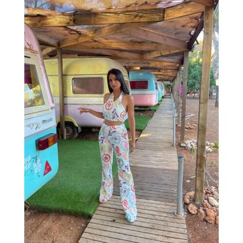 XIKOM 2021 Women Two Pieces Set Ladies Print Bandage Beach Style Slim Halter Top Female High Waist Streetwear Trousers Suit