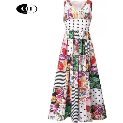 Designer Runway Summer Sleeveless Midi Dress Holiday Beach High Waist Dot Floral Printed V-neck Elegant Party Night Dresses Robe