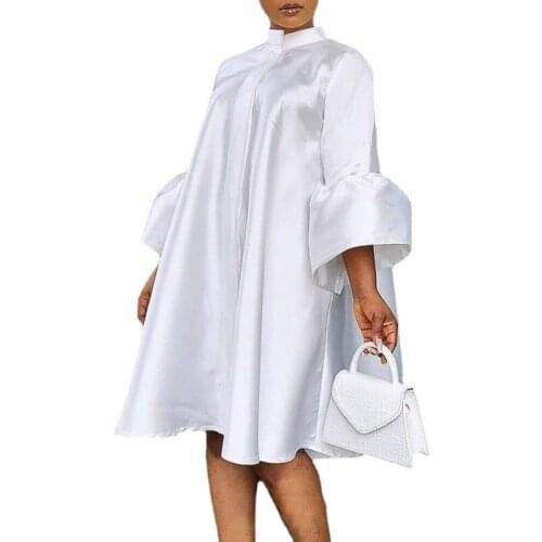 Loose Shirt Dresses For Women Stand Collar Ruffle Patchwork 3/4 Sleeve Summer New Fashion Solid Elegant Office Lady Dress Robes