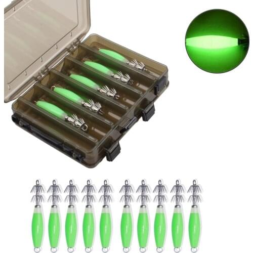 10pcs/box Fluorescent Squid bait Cuttlefish Sleeve Jig Fishing Lure Bait squid Hooks luminous with double side box