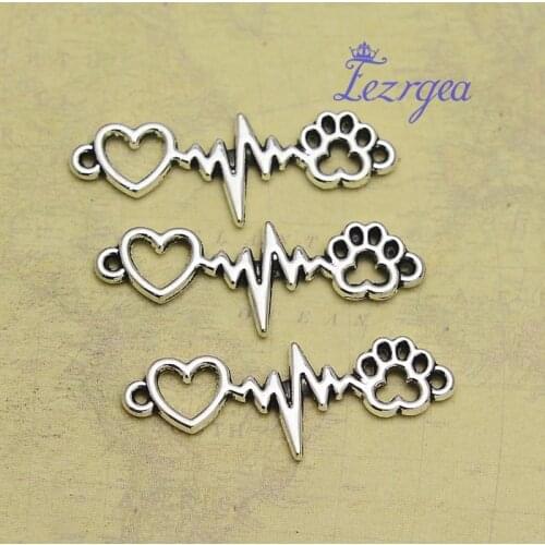 20pcs/lot--34x12mm, Antique silver plated Heart rate beat heart paw print Connector charms,DIY supplies