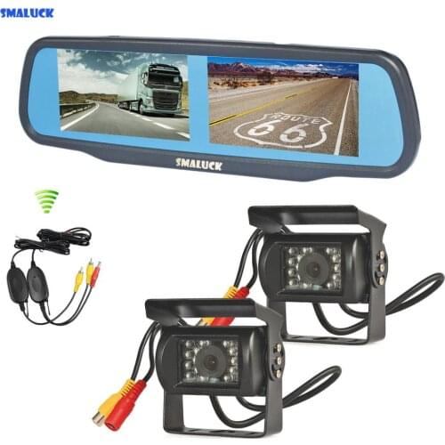 SMALUCK Dual 4.3" Screen Rearview Car Mirror Monitor + 2 x CCD Waterproof Car Rear View Reverse Backup Car Truck Bus Camera