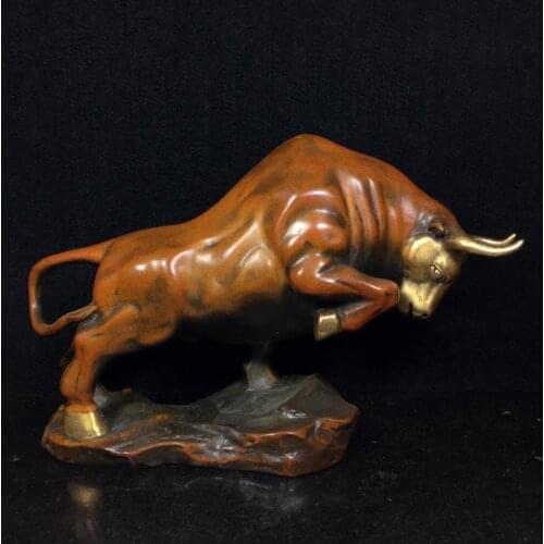 9" Collection Old Bronze Gilt Real gold Chinese Zodiac Wangshi Bull Statue Bullish Wall Street Bull Market Statue decoration