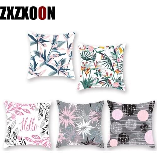 Decorative Throw Pillows Case Polyester Pink Plant Green Flower Sofa Home Cushion Cover for Girls Bedroom 45x45cm