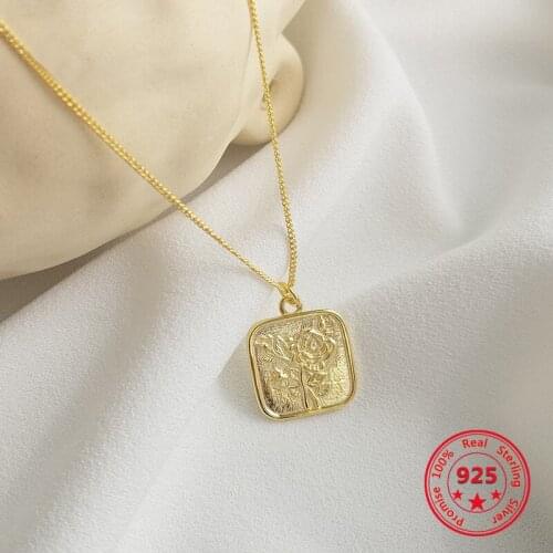 European American 925 Silver Trendy Concise Gold Square Rose Brand Pendant Necklace Fine Jewelry Gift for Girlfriend