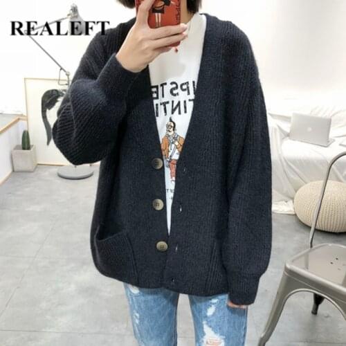 REALEFT Autumn Winter Knitting Loose Womens Cardigan 2021 New Single Breasted Solid Casual Sweaters Female Chic Tops Pockets