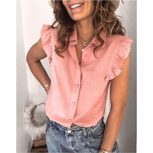 2021 Summer Top Ladies Shirt Solid Color Lotus Leaf Sleeve Casual Soft Comfort Top S-3XL