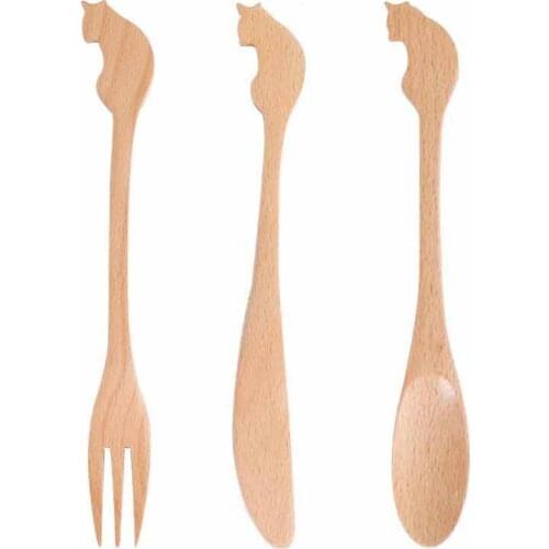 Natural Wood Knife Picnic Tableware Set Cartoon Toddler Cutlery Set Rice Scoop Restaurant Kid Child Salad Fork Dinner Tool 1set
