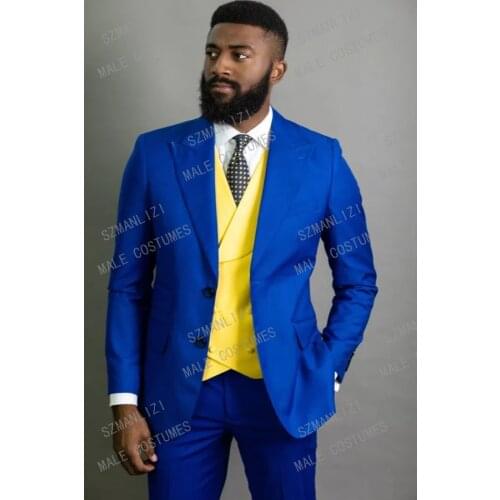New Mens Royal Blue Slim Fit 3 Pieces Fashion Suit Yellow Double Breasted Vest Tuxedos For Men Wedding Suit Best Man Blazer