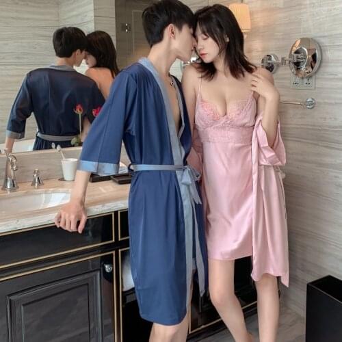 Pajama suit Satin Silk robe + shorts & robe+nightdress Pajamas Sets Couple Sleepwear Family Pijama Lover Night Suit