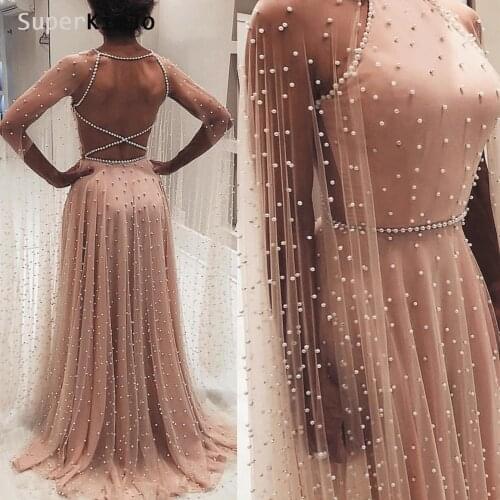 SuperKimJo Peals Prom Dresses 2020 Dusty Pink A Line Elegant Backless Long Prom Gown Vestido De Festa