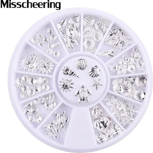 12 Girds Silver Metal Nail Studs Mixed Ocean Sea Shell Conch Starfish 3d Metallic Slice Flakes DIY Nail Art Decorations In Wheel