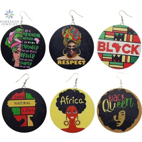 SOMESOOR Printed Black Power AFRO Wood Drop Earrings Respect African Queen Natural Lady Phenomenal Woman Inspiring Jewelry 6Pair